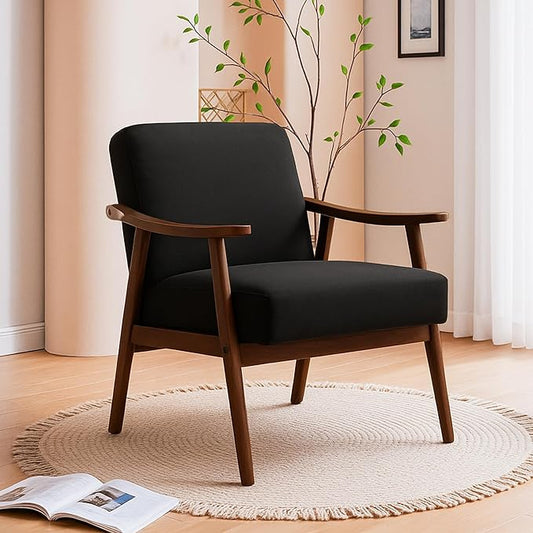 Accent Chair with Microfiber Upholstery and Solid Wood Frame Classic Mid-Century Modern Living Room Furniture for Extra Seating Black