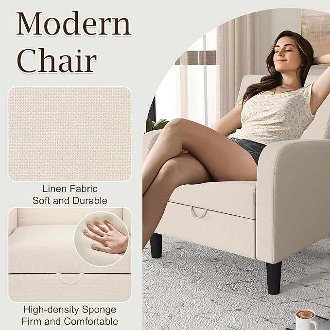 DAGONHIL Living Room Chair Upholstered Accent Chair Reading Chair for Bedroom Linen Fabric Armchair Single Sofa for Living Room/Office/Library (Beige 1 Pack)