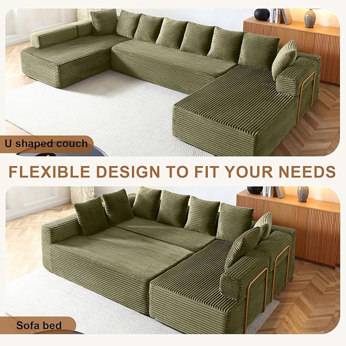 145 Modular Sectional Sofa Oversized U-Shaped Deep Seat Corduroy Cloud Couch with Fixed-Shape Frame Sleeper Sofa Couch Boneless Couches for Living Room No Assembly RequiredSofa in A BoxGreen