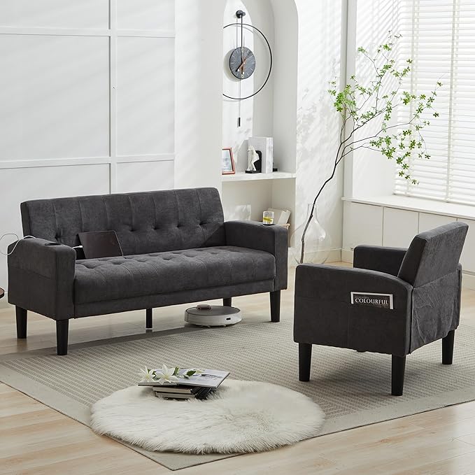 TYBOATLE Sofa Couch Living Room Furniture Sectional Sofa Sets 2 Pcs Tufted Mid-Century Loveseat w/USB Cupholders &amp Comfy Single Sofa for Small Space Apartment Office (Dark Grey)