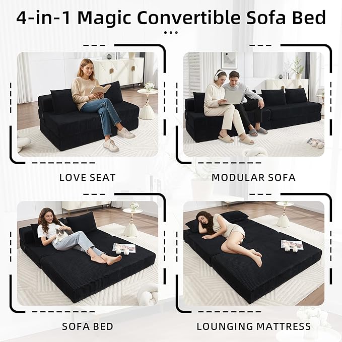 GNIXUU Fold Out Couch 3-in-1 Convertible Futon Sofa Bed with 2 Pillows Corduroy Foldable Floor Chair Boneless Loveseat Couches for Living Room Bedroom Small Spaces Black