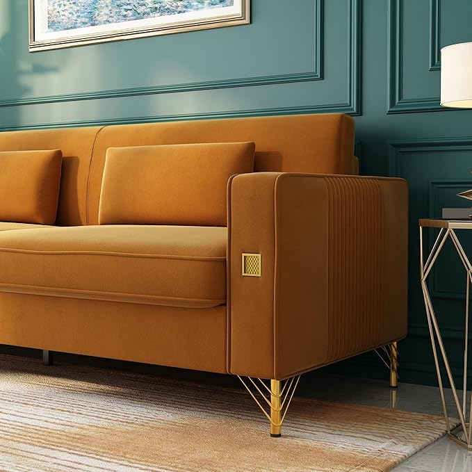 85 Velvet SofaMid-Century Modern Chesterfield 3 Seat Comfy Couch with Pillows Set of 2 for Living RoomBedroomApartment Furniture with Gold Metal Legs (P18-Orange)