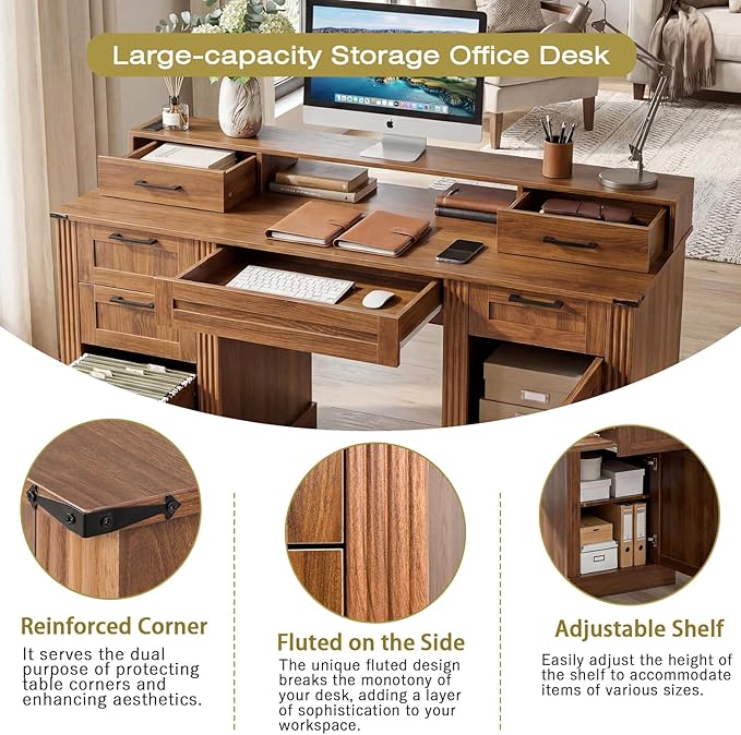 59.5 Farmhouse Home Office Desk Wood Executive Computer Desk with Charging Station &amp Storage Cabinet Barn Door Design Home Study Desk with Monitor Stand and Keyboard Tray for Office (Dark Walnu