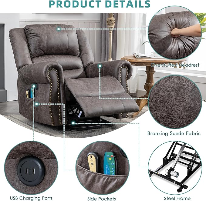 MEETWARM Large Power Lift Electric Recliner Chair with Massage and Heat Overstuffed Wide Recliner for Elderly Heavy Duty Recliner for Living Room with 2 Remote Controls/USB Ports/Side Pockets(Gray)