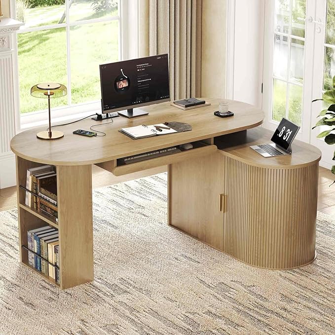 HSH Office L Shaped Computer Desk Large Reversible L Desks with Storage Cabinet and Keyboard Tray Home Office Corner Executive Desk with Power Outlet for Study Workstation Oak 60 Inch