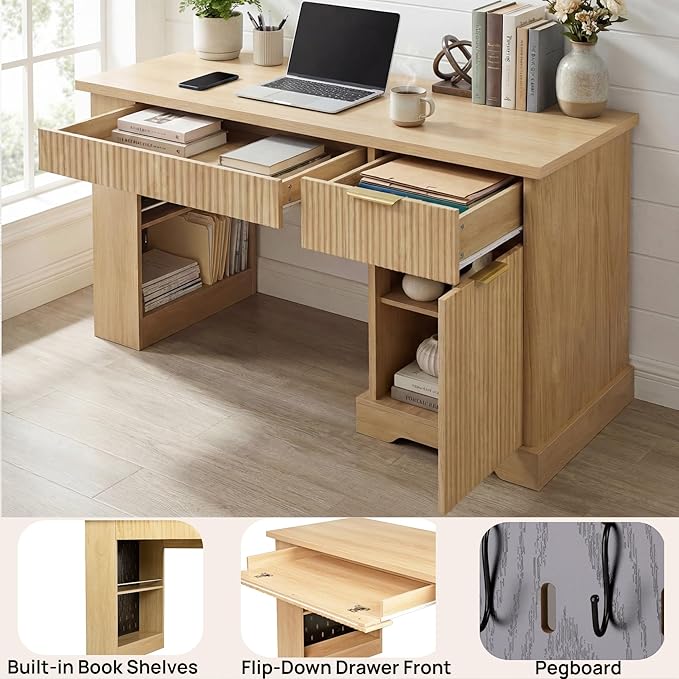55 Modern Wavy Fluted Office Desk with Storage Cabinet Home Office Desk with Charging Station DrawerPegboard &amp Keyboard Tray - Study Writing Desk for Home Office Study Living Room Light Oak