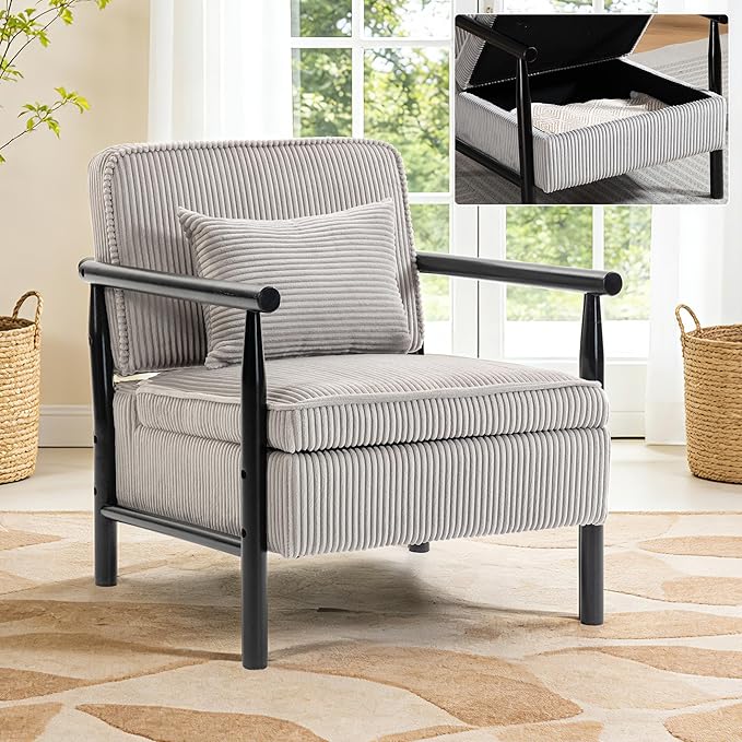 Accent Chair Comfy Modern Mid-Century Accent Chairs with Storage Corduroy Upholstered Lounge Armchair with Solid Wood Reading Side Single Sofa for Living Room/Office/Balcony/Bedroom-Gray