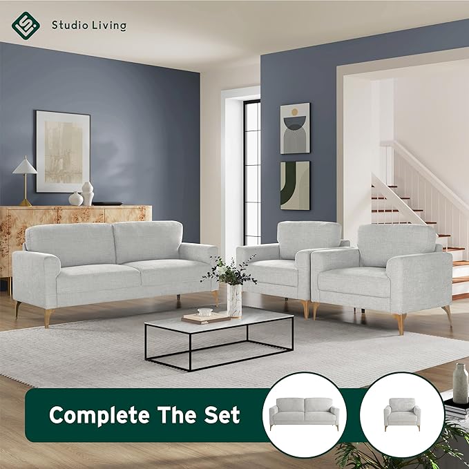 Studio Living® Matthew 75.6 Sofa Mid-Century Modern Pocket Coil Comfort Metal Brushed Bronze Legs Chenille Fabric Ivory