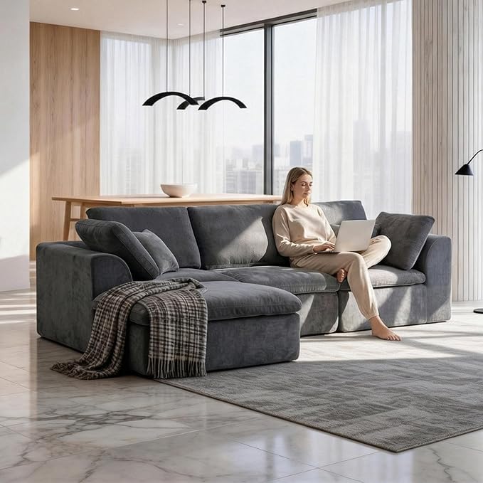 Boneless Couch with Ottoman 110 L-Shaped Cloud Sectional Sofa Modular Convertible Cloud Couch for Living Room Deep Seat Chenille Set (Dark Gray 3 Seater + 1 Ottoman)