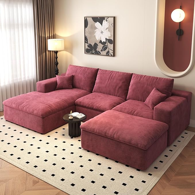 107'' U-Shaped Modern Modular Sectional Cloud Couch Whit Ottoman 4-Seat Chenille Deep-Seat Sofa with Pillow for Living Room Bedroom Apartment Wine Red