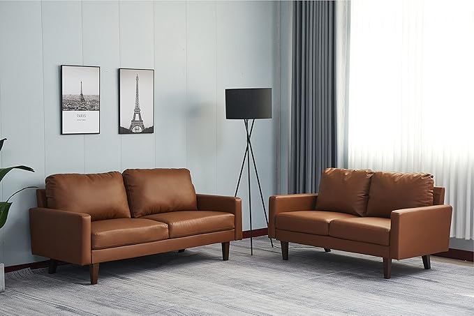 INSTORY Leather Loveseat Comfy Sofa Modern Couch with Wooden Legs for Living Room Office - Brown