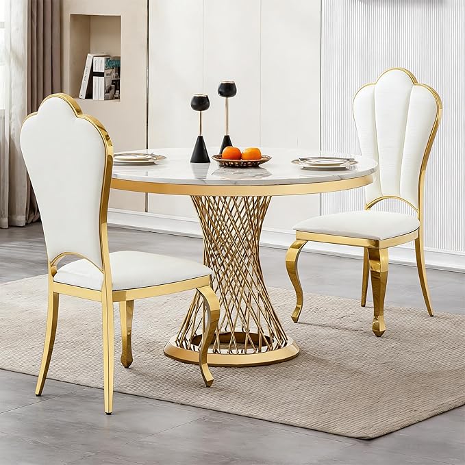 PU Leather Dining Chairs with Gorgeous Gold Curved LegsModern Upholstered Dining Room Chairs for TableLiving RoomDining RoomOfficeWhite Luxury Kitchen Chairs
