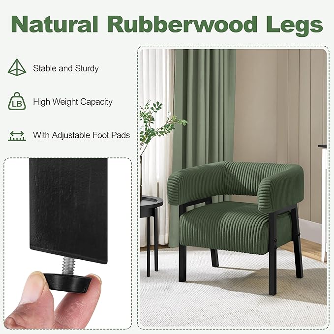 Yaheetech Corduroy Barrel Accent Chair Set of 2 Modern Upholstered Armchair with Solid Wood Legs Cozy Leisure Chair with Pocket Coiled Seat for Living Room Bedroom Reading Nook Dark Green