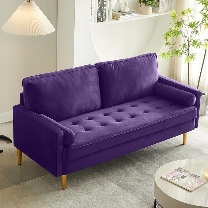 SZLIZCCC 67 LoveSeat Sofa Love Seat Couch Mid Century Modern Couchs Velvet Fabric Pull Dot Design Sofas with Two Round Pillows for Small Spaces Living Room Dorm Bedroom Apartment (67-Purple)