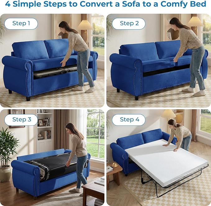 Mjkone 2 in 1 Pull Out Sofa Bed Full Size with Tri-Folding Mattress Convertible Sleeper Sofas Couch with Pullout Bed Pull Out Couch Beds with Nailhead Armrests for Living Room Home Office Blue