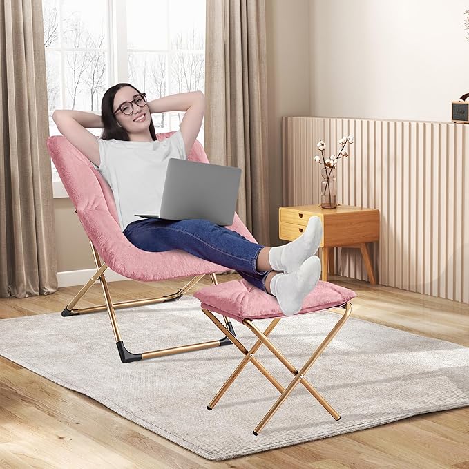 Comfy Oversized Saucer Chair with OttomanSoft Faux Fur Reading Lounge Chair for AdultsStable X-Large Metal Frame and Non-Slip PadCozy Chair for Bedroom Living Room Dorm Office Pink