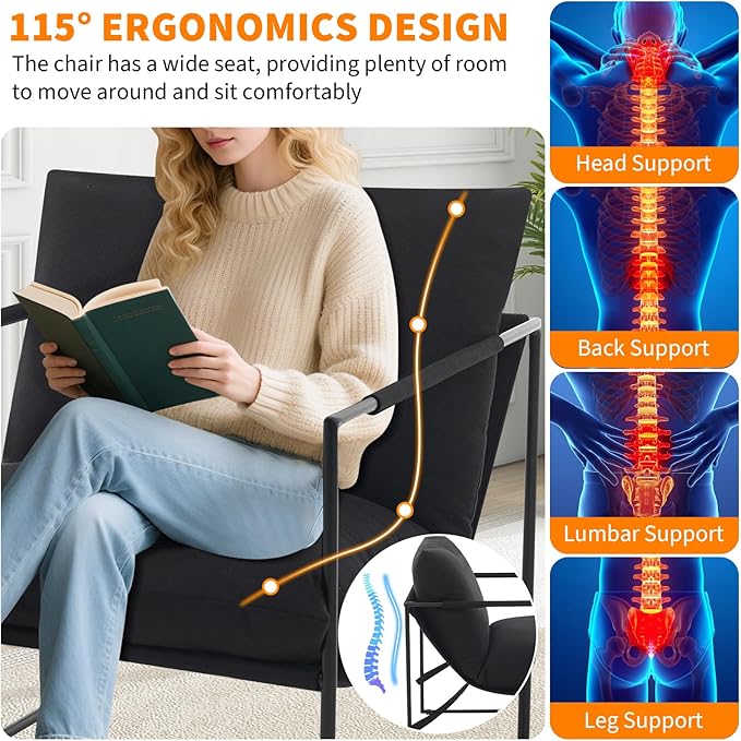 Sling Accent Chair for Living Room Modern Metal Framed Cozy Armchair Upholstered Living Room Chairs with Shredded Foam Cushioning Lounge Chair for Bedroom Living Room Reading Room Black