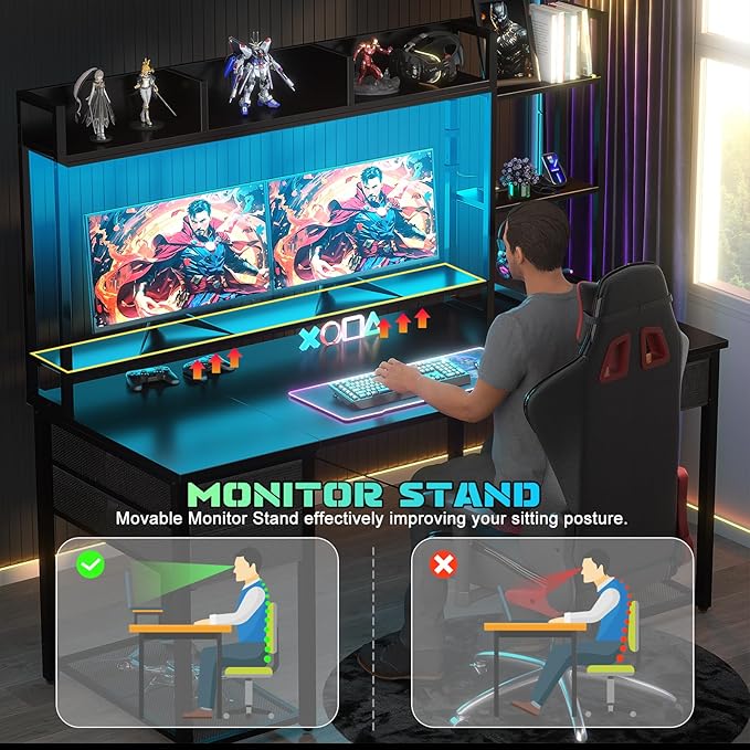Aheaplus Desk with LED and Outlets Gaming Desk with Hutch 55.2'' Computer Desk with Drawers Reversible Office Desk with Storage Bookshelf Large Workstation Desk with Shelf Desk for Home Black
