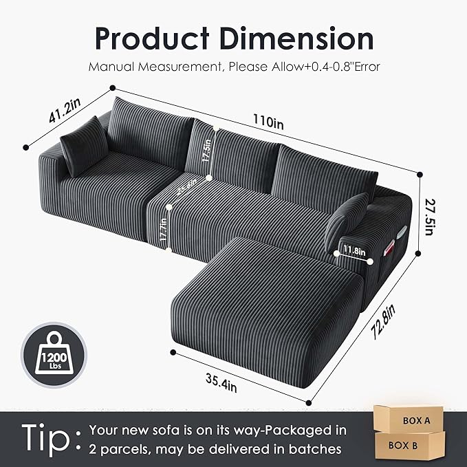 108 Boneless Couch Modular Sectional Couches for Living Room L Shaped Deep Seat Chaise with Side Pockets No Assembly Required Plush Corduroy Fabric Sleeper Sofa for Apartments Dark Grey