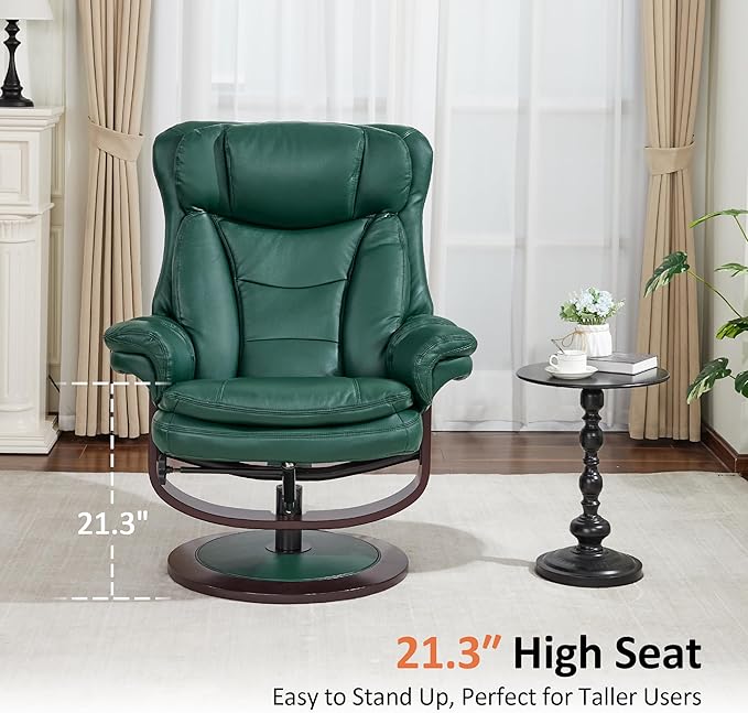 MCombo Oversized Swivel Recliner Chair with Ottoman Adjustable Backrest 360° Wood Base High Seat Faux Leather Lounge Chair for Tall Users in Living Room Bedroom or Office 4651 (Green)