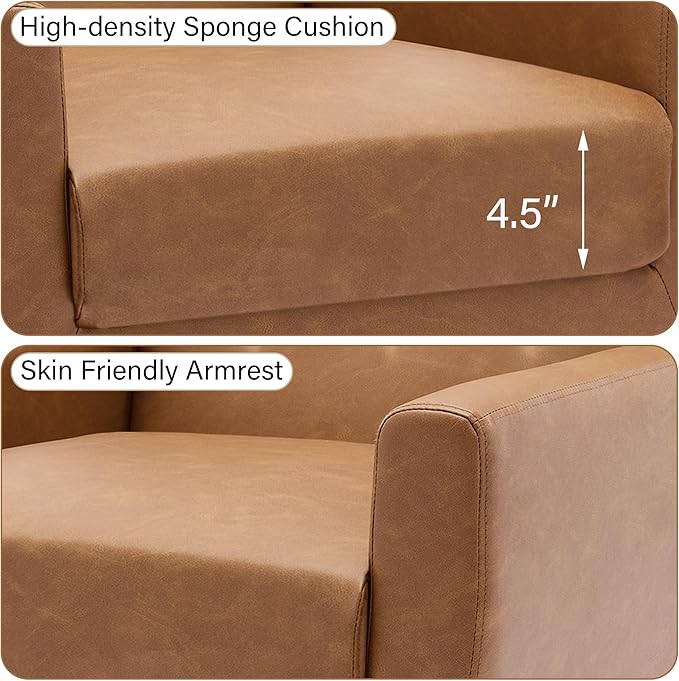 Accent Chair Mid-Century Modern PU Leather Chairs with Arms for Living Room Comfy Upholstered Club Single Sofa Armchair for Bedroom Waiting Room with Solid Wood Frame（Leather Brown Set of 1)