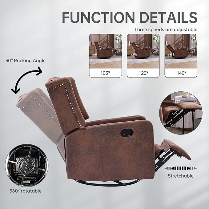 Glider Recliner Nursery Chair Cozy Microsuede Rocking Chair Nursery Recliner with Adjustable Button Backrest and Footrest Swivel Recliner Chair for Living Room Bedroom Office (Coffee)