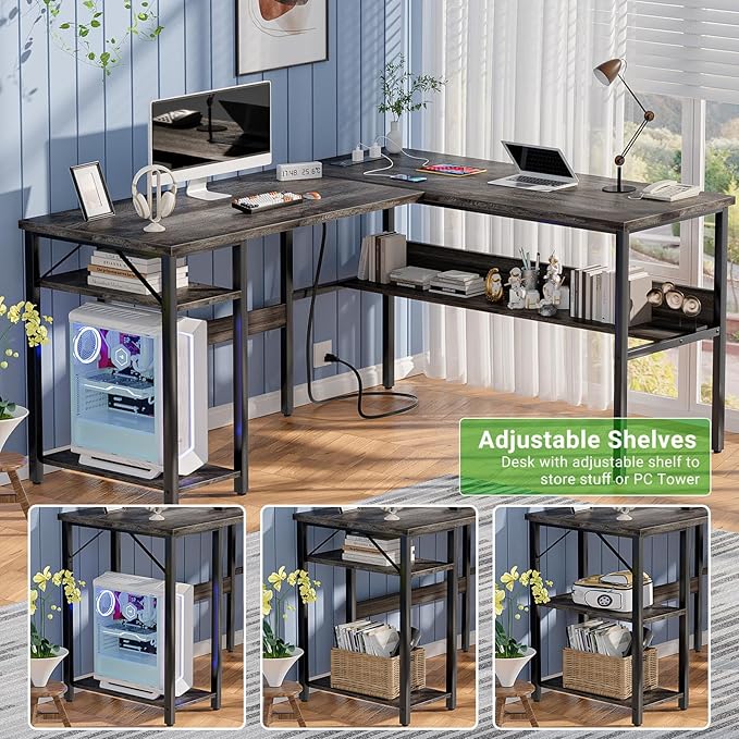 Unikito Reversible L Shaped Desk with Magic Power Outlets and USB Charging Ports Sturdy Corner Computer Desk with Storage Shelves Gaming Desk for Home Office Easy to Assemble Black Oak
