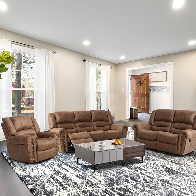 EBELLO Faux Leather Manual Reclining Sofa Recliner 3 Seat Loveseat Sofa Chair Couch for Living Room Bedroom Furniture Meeting Room Brown (3 Seat Sofa)