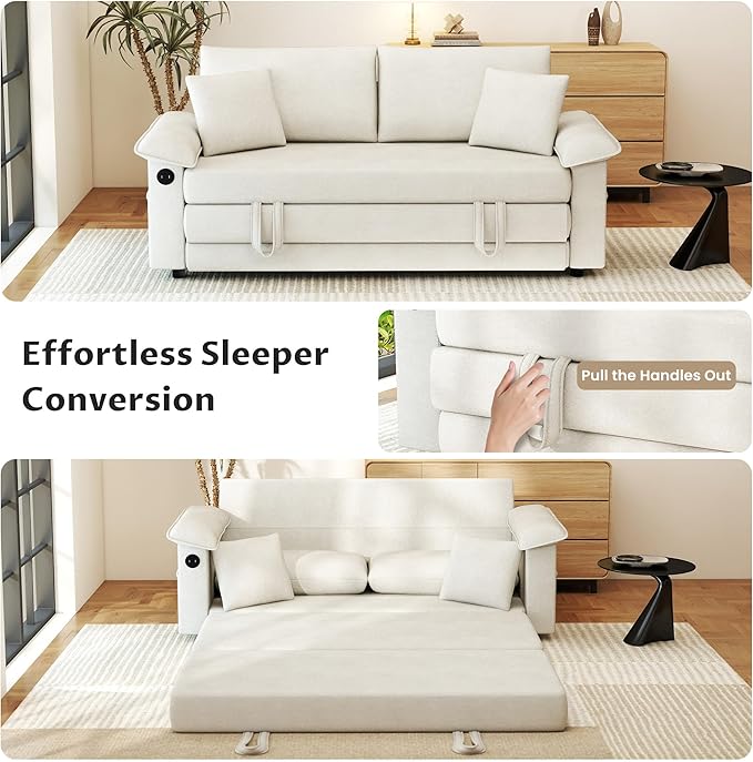 SUNWAVE 77 Loveseat Sleeper Sofa Convertible Sofa Bed 2-Seat Pull Out Couch w/USB Chenille Folding Sofa Bed for Living Room Small Spaces Bedroom (Ivory) | 9 Wider Amrest Breathable Chenille Stay