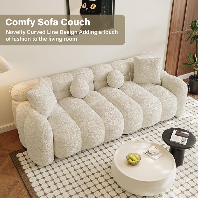 Boucle Sofa Couch 87.3 Modern Tufted Upholstered Teddy 3 Seater Sofa with 4 Pillows Sherpa Deep Seat Cloud Couch Comfy Loveseat Oversized Sofas for Living Room Apartment Beige White