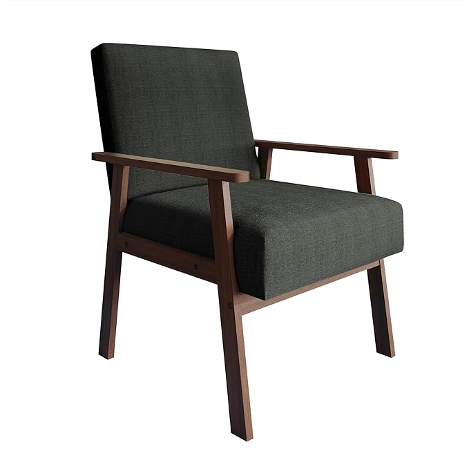Mid-Century Modern Accent Chair Linen Upholstery Wooden Armrests Cushioned Seat Easy Assembly Charcoal Grey