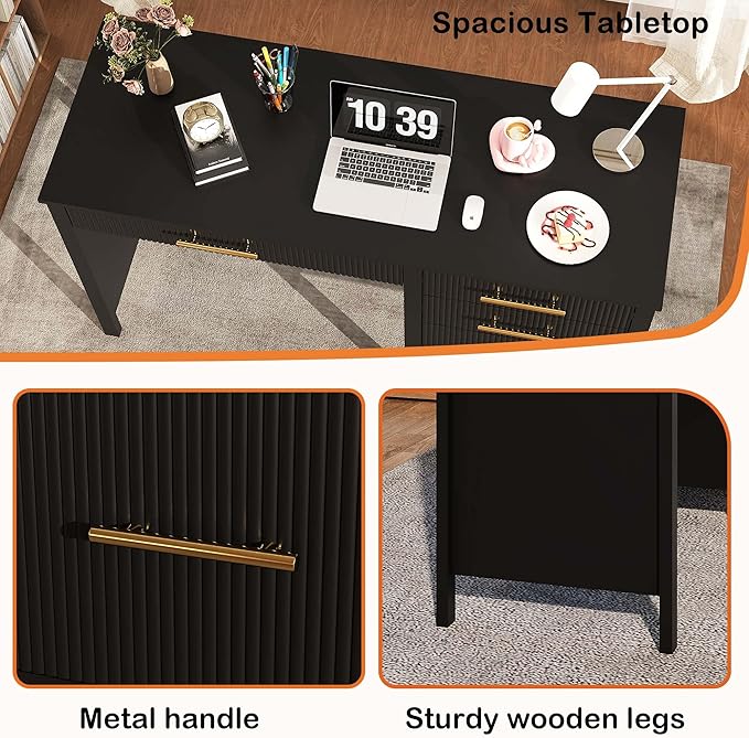 Black Executive Desk with Drawers: 54 Wood Computer Desk with File Drawer Modern Home Office Desks with Storage Fluted Writing Desks for Working Studying (Black 54)