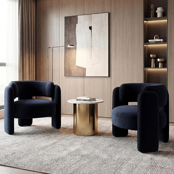Modern Accent Chair Set of 2 Low Seat Round Upholstered Lounger Chair with Barrel Back Solid Wood Legs Mid Century Velvet Comfy Armchair Cozy Side Chair for Living Room Bedroom Black
