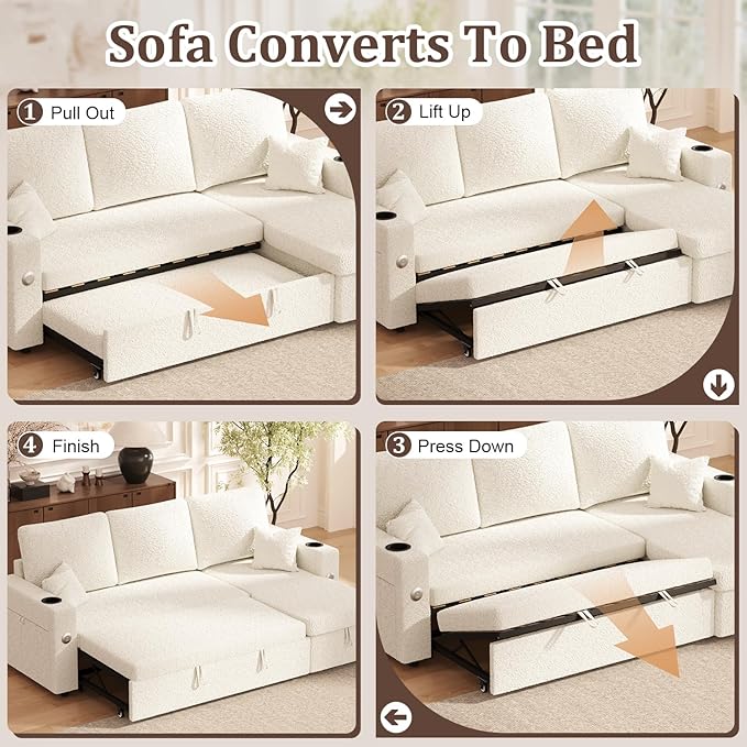 Sleeper Sofa Bed 4-in-1 Pull Out Couch with Reversible Chaise | Dual USB &amp Type-C Charging | Dual Cup Holders | Layered Storage (Armrest + Chaise) for Living Room Apartment Home Office (White)