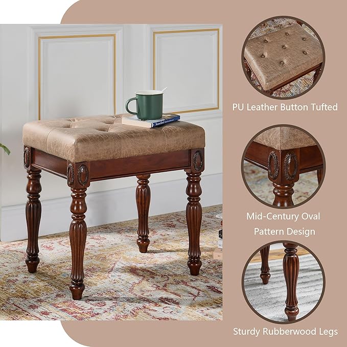 Solid Wood Makeup Vanity Table Set 46.1 Large Dressing Vanity Table with 2 Drawers and Vanity Bench Stool Writing Desk with Solid Wood Legs &amp Button Tufted Cushioned Stool Cherry&ampLight Brow