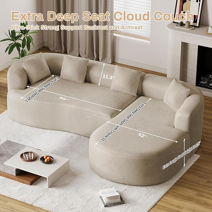 111 Oversized Sectional Sofa with Right Chaise for Living Room Modern Luxury Chenille 4-Seater Couch Extra Deep Seat L-Shape Curved Cloud Couch with 4 Throw Pillows Light Brown