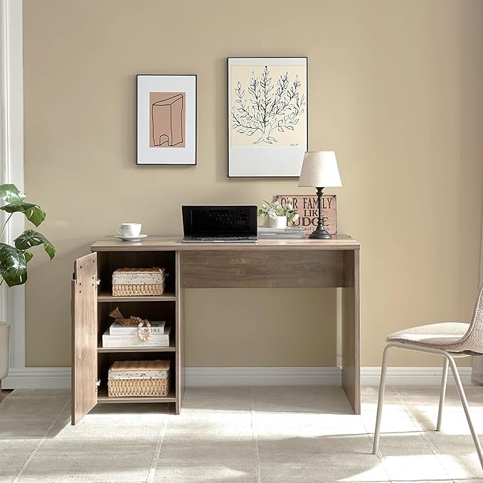 Home Office Desk Hazelnut One Cabinet Three Shelves Faux Barn Door on Metal Euro Hinges Modesty Panel