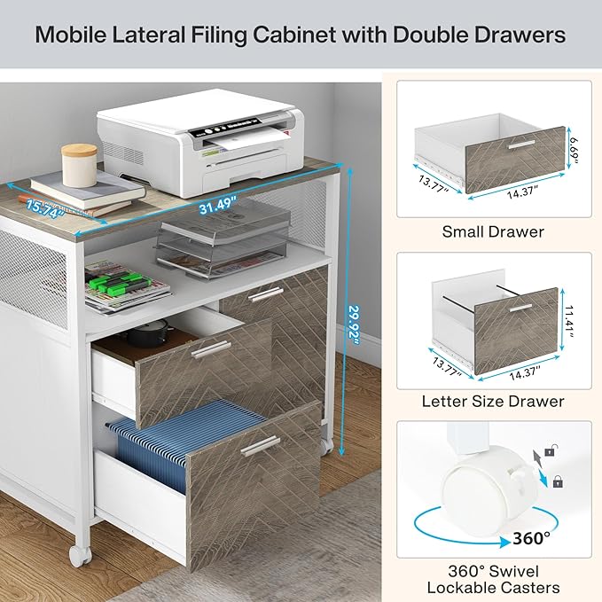 Tribesigns Modern File Cabinet with Drawers for Letter-Sized File and Door Lockable lateral Filing Cabinet Printer Stand with Storage Shelves and with Rolling Caster for Home Office (Oak)