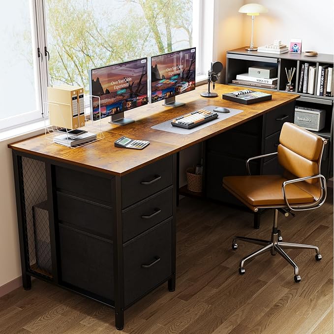 ODK 63 Inch Office Desk with 6 Fabric Drawers Large Computer Desk for Home Office with Hidden Storage Shelves Rustic Brown