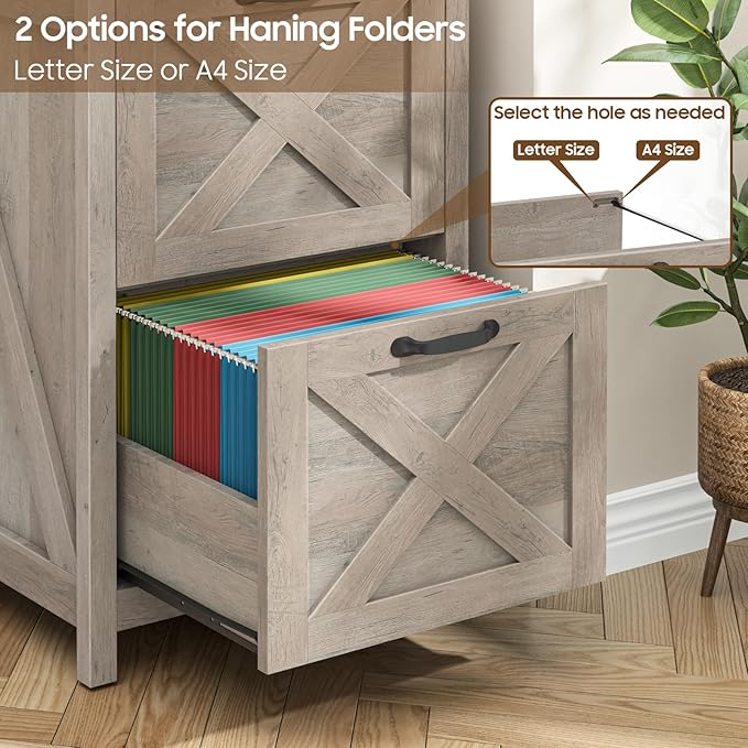 2 Drawer Small File Cabinet Farmhouse Vertical Filing Cabinet Fits Letter and A4 Size Under Desk Wooden File Cabinets for Home Office Printer Stand Grey