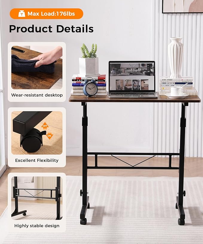 Standing Desk Adjustable Height Mobile Stand Up Desks with Wheels Small Computer Desks Rolling Desk Portable Laptop Desks Rustic Standing Table Sit Stand Home Office Desks 16x31.5 Height 27-43.5