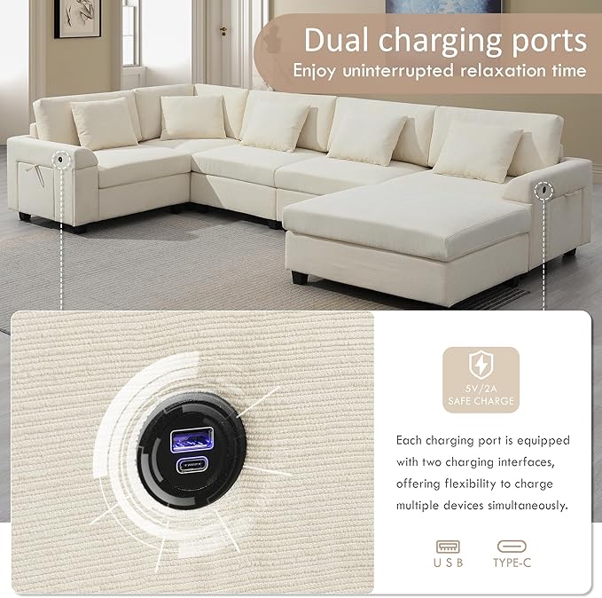 128*67 U Shaped Sectional Sofa 6 Seat Chenille Couch Set with Oversized Ottoman Hidden Armrest Storage and Cup Holders USB Charging Ports Wide Seat Sofa for Living Room Apartment Off White