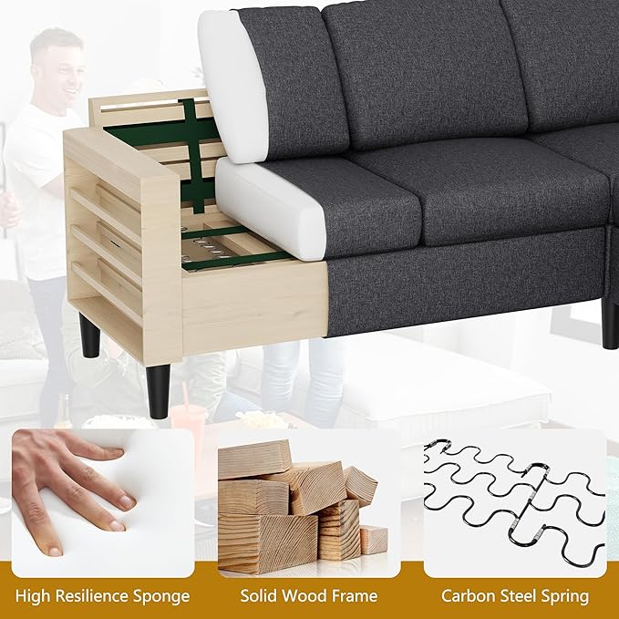 Shintenchi Small Convertible Sectional Sofa Couch with Ottoman 3 Seat L Shaped Sofa with Fabric Upholstered Sectional Sofas Small Couch for Apartments Living Room and Office (Carbon Black)