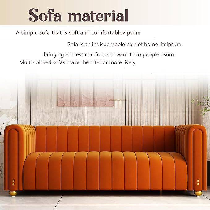 81 Velvet ﻿Orange Couch Mid Century Modern Couches Tufted Sofa 3 Seater Velvet Sofas Loveseat Upholstered Couches with Metal Legs Suitable for Luxury Couch in Living Room