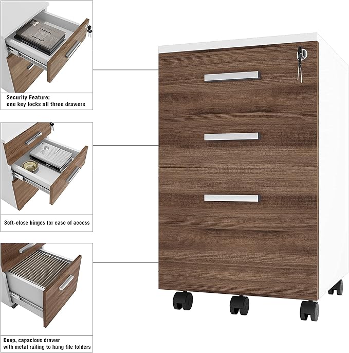 Modern Design Lazio File Cabinet Filing Cabinets for Home Office Drawers for Under Desk Locking 3 Drawer Rolling Filing Cabinet with Lock Walnut and White by Crafts and Comfort