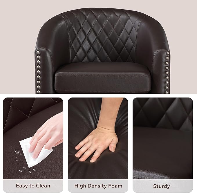 Prilinex Comfy Barrel Accent Chair Set of 4 - Faux Leather Living Room Chair Club Chair with Cushion Diamond Grid Backrest &amp Nailhead Trim Guest Chair for Office Bedroom &amp Waiting Room Bro