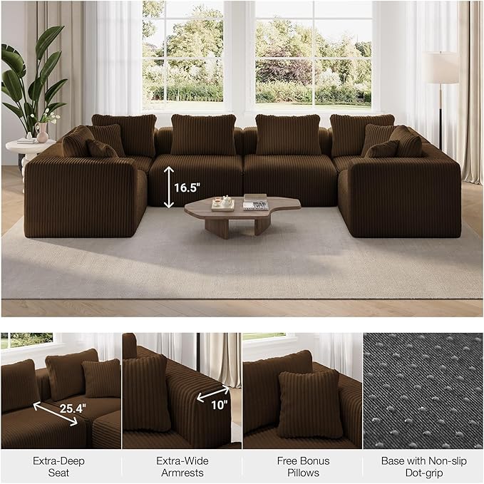 Novilla 141 Modular Sectional Sofa Modern Cloud Sectional Couch with Smarts Coil® Support U-Shape Boneless Couch for Living Room Apartments No Assembly Required Brown (4 Seat w/ 2 Ottoman)