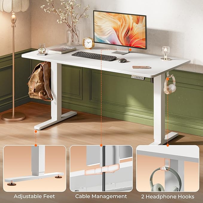 Huuger 55 x 28 Large Electric Standing Desk Height Adjustable Copmuter Desk 27.6 Deep Desktop Stand up Gaming Office Table with 2 Hooks 3 Preset Heights for Home Office White
