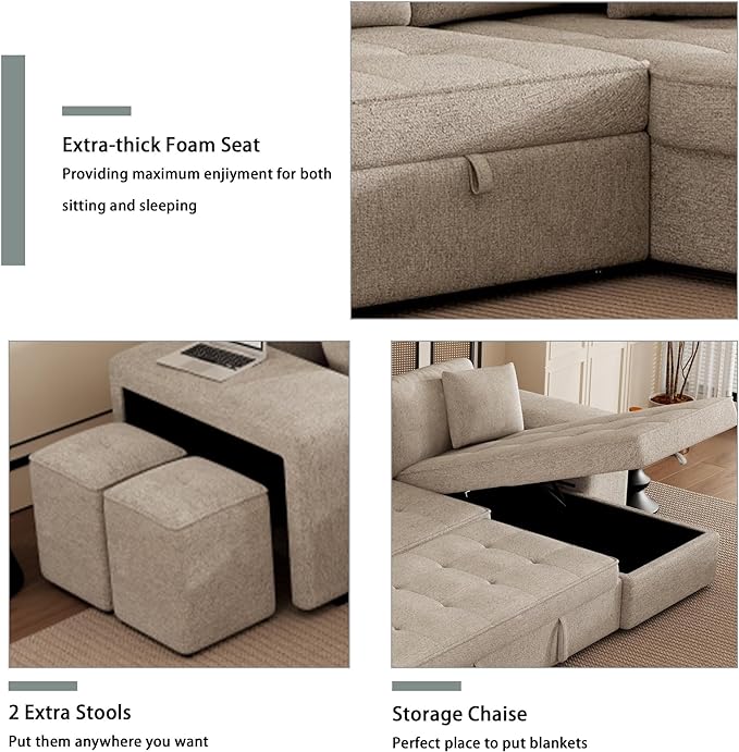 Ball &amp Cast 104 L-Shape Sectional Sofa with Storage Chaise and 2 StoolsPull-Out Bed3-Seat Chenille Reversible Couch w/Storage Armrestfor Living RoomApartmentCream