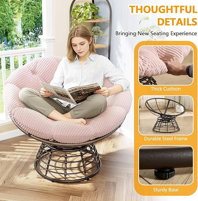 36” Papasan Chair with Cushion and Frame Oversized Papasan Chairs 360° Swivel Olefin Adjustable Feet Suitable for Living Room Patio Bedroom Indoor/Outdoor (Pink)